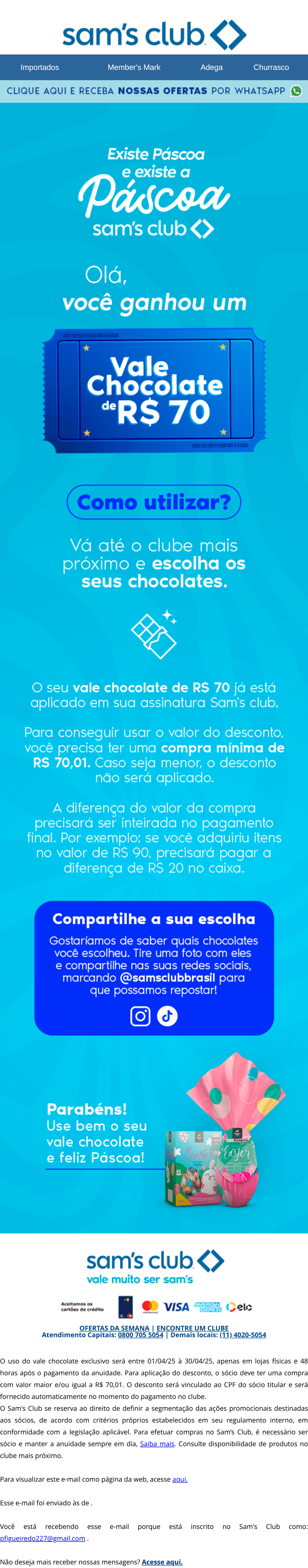 Sam's Club: [name], aproveite seu Vale Chocolate! 😋🍫