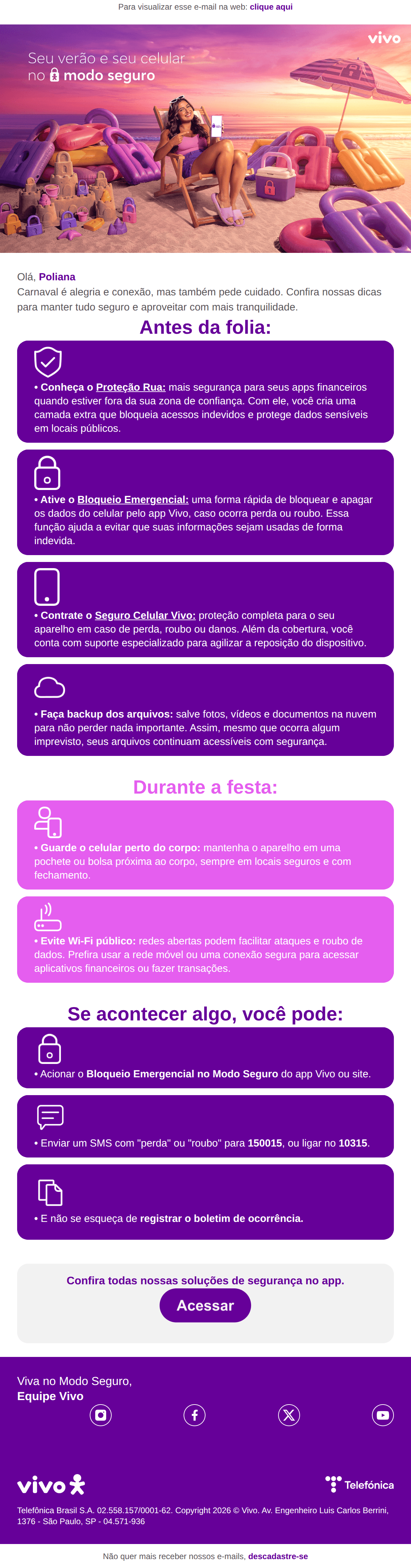 Vivo: Modo Seguro Vivo: Carnaval seguro, aproveite sem preocupação