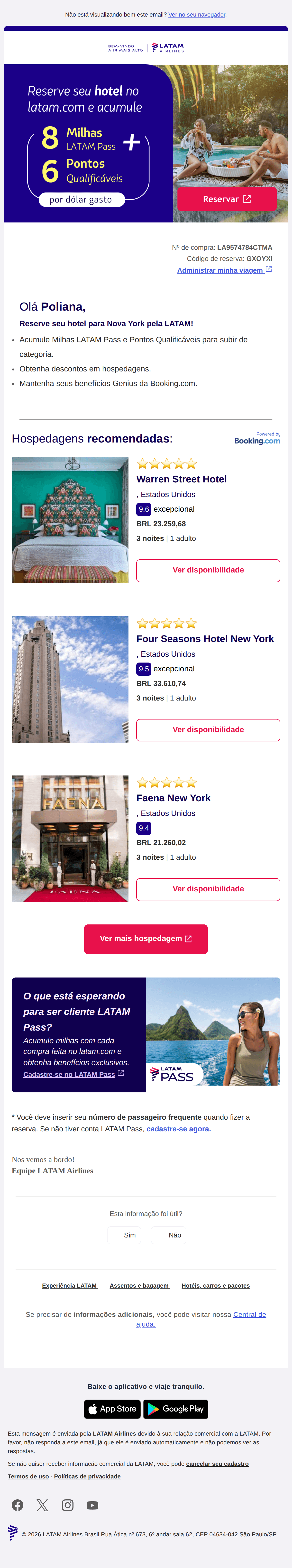 Latam: [name], reserve agora seu hotel em Nova York