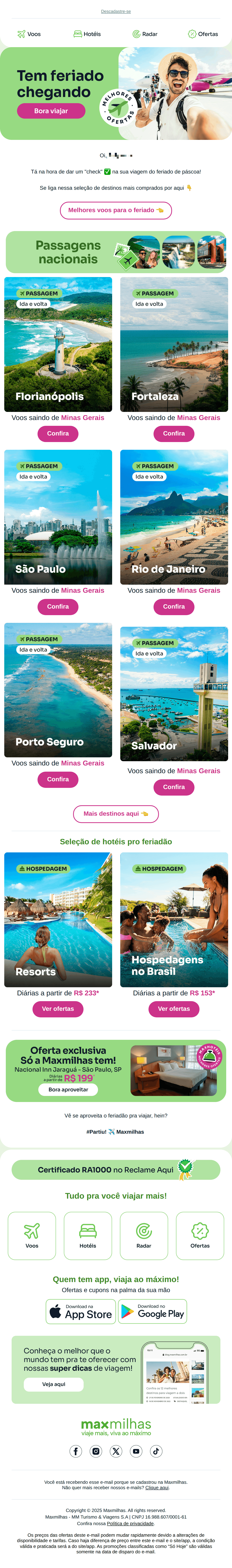 MaxMilhas: Tá chegando o feriadão! 📆 Bora viajar? 🛫