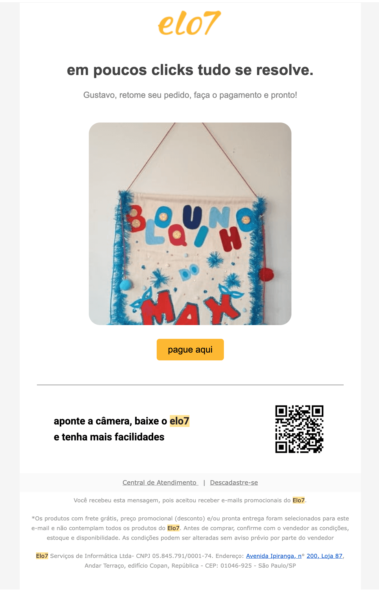 Elo7: [NAME], seu pedido está te esperando. 👋