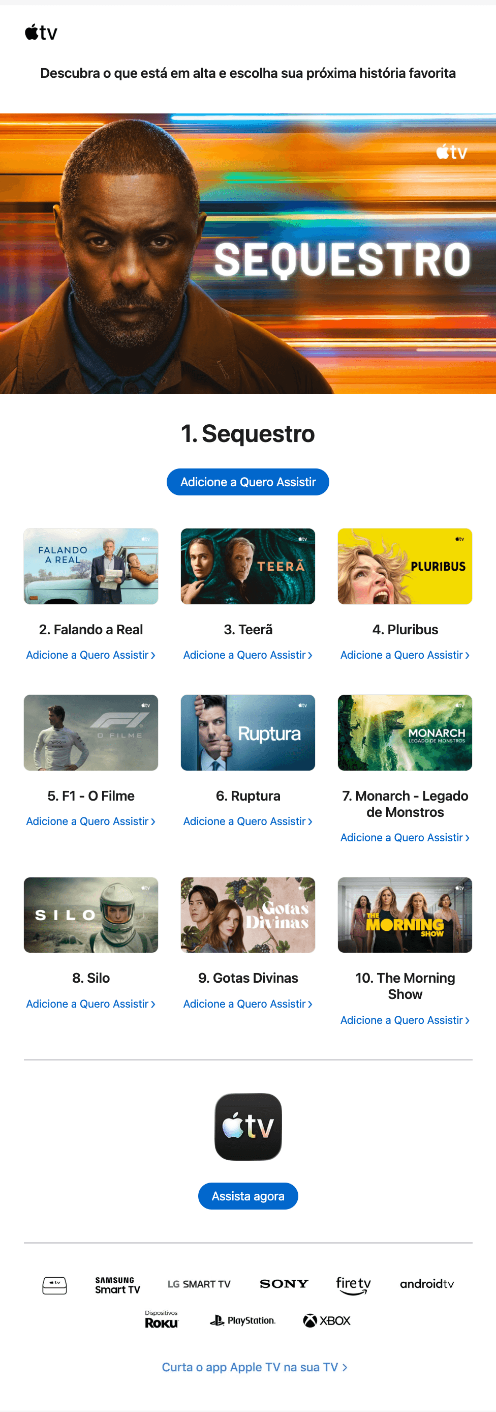 Apple TV: Não perca o top 10 de filmes e séries, hoje, no Brasil