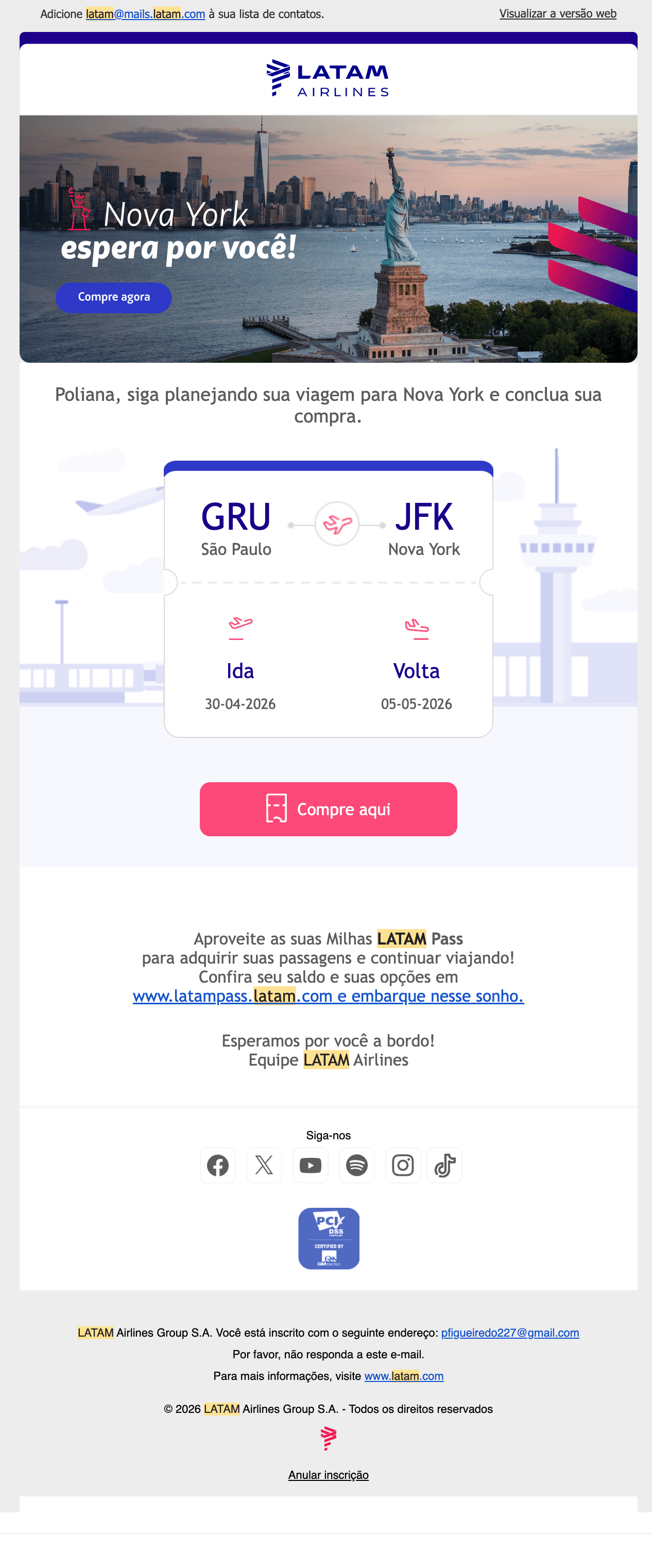 Latam: [name], compre hoje seu voo para Nova York✈️