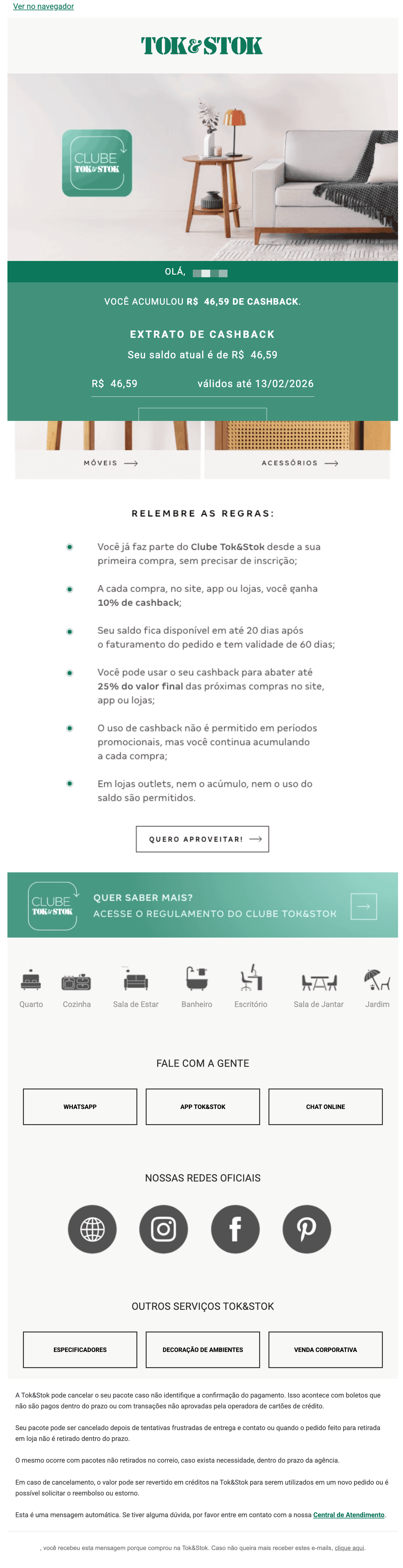 Tok&Stok: Você acumulou cashback 🎉